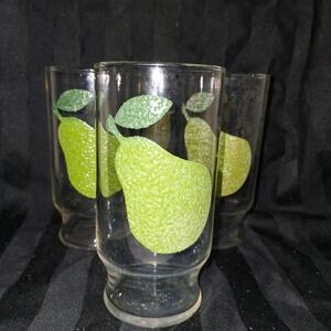 Set Of 3 Vintage Textured Fruit Motif‎ Green Pear 5" Glass Tumblers